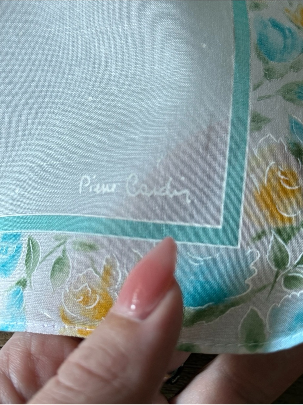 Vintage PIERRE CARDIN Handkerchief Floral Blue Yellow Roses White Cotton Scarf - Picture 4 of 7
